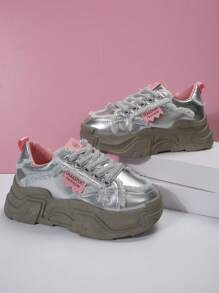 歐美風格厚底女士綁帶運動鞋，休閒跑步平台鞋，鞋子 - 銀色 - 查看 5