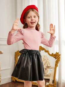 SHEIN 年轻女孩纯色立领盖袖串珠拼接休闲 T 恤 - 粉色 - 查看 5