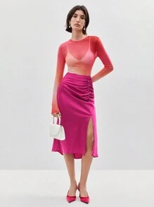 BizChic 女性純色細褶邊側開叉裙 - 淺粉色 - 查看 2