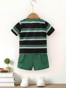 Atuendo Casual A Rayas De 2 Piezas Para Bebés Varones Con Estilo De Calle - Verde - Ver 2
