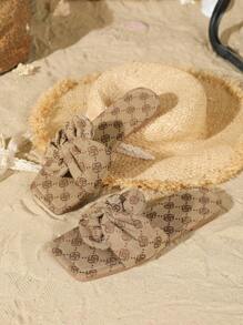 女士复古花卉印花平底方头休闲舒适户外拖鞋、高端沙滩凉鞋、简约系带拖鞋 - 杏色 - 查看 2