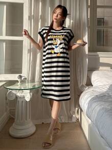 DAZY Cartoon Printed Striped Homewear Dress Summer Pajama - Black - View 7