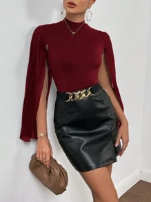 SHEIN Privé 翻領折褶披風袖連體衣 - 紅色 - 查看 4