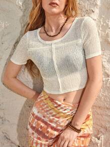 Bohemela Women's Short Cropped T-Shirt With Wide Round Collar, Perfect For Holiday - Apricot - View 1