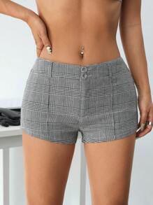 SHEIN ICON Y2k夏季女式格紋超低腰超短熱褲 - 灰色 - 查看 1