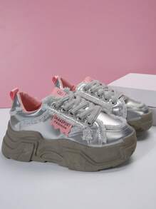 歐美風格厚底女士綁帶運動鞋，休閒跑步平台鞋，鞋子 - 銀色 - 查看 6