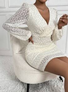 Chiquease Women'S Sparkly Lantern Sleeve Wrap Neckline Dress - Apricot - View 6