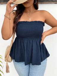 SHEIN Frenchy Plus Size Strapless Summer Boho Top With Ruffle Hem And Draped Panel