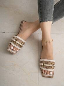 Gold Buckle Decorated Slip-On Slide Sandals, Women's Casual Flat Square Toe Slip-On Beach Slippers, New Summer Fashion - Apricot - View 5