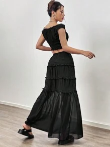 Flirla Ensemble De Haut Et De Jupe Dénudé D'épaule De Couleur Unie - Noir - Voir 2