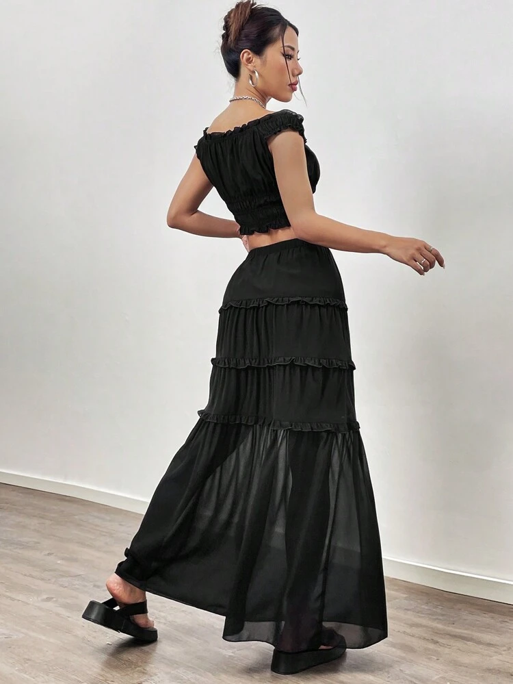 Solid Color Off Shoulder Top And Skirt Set