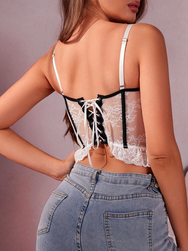 Color-Block Lace Decor Bowknot Detail Sexy Camisole Top