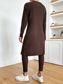 RueChic Women's Ribbed Long-Sleeved Jacket And Trousers Two-Piece Set - Brown - View 2