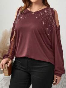 SHEIN LUNE 大尺碼女水鑽裝飾露肩長袖圓領 T 卹 - 酒紅色 - 查看 4