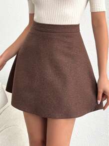 SHEIN Cottnline Ladies' Solid Color A-Line Skirt - Brown - View 1
