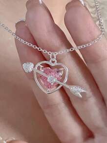 ROMWE Kawaii 甜粉色心型水鑽吊墜項鍊 - 銀色 - 查看 1