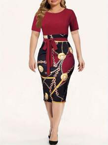 Women's Color Block Chain Print Crew Neck Short Sleeve Bodycon Dress - Burgundy - View 1