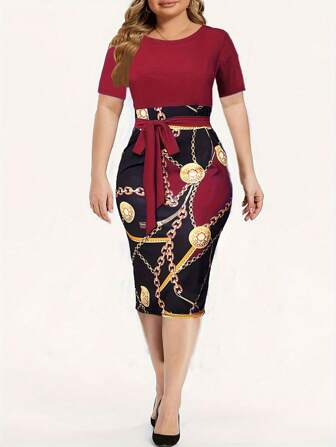 Women's Color Block Chain Print Crew Neck Short Sleeve Bodycon Dress