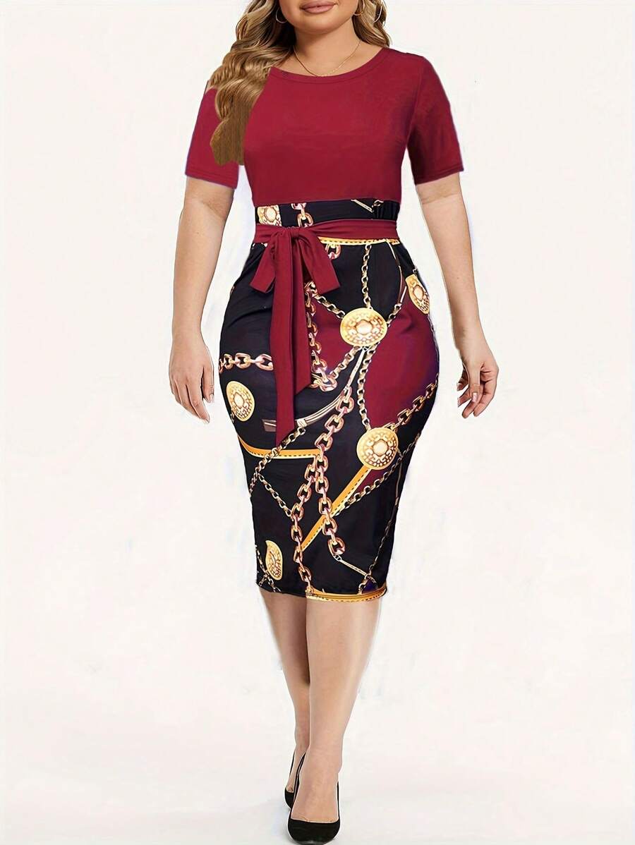 Women's Color Block Chain Print Crew Neck Short Sleeve Bodycon Dress - Burgundy - View 1