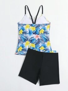 Tween Girls Tropical Print Tankini Set - Black - View 2