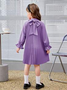 SHEIN Leap Crew Cô gái trẻ Váy chữ A dáng rộng cổ điển có trang trí nơ và tay áo dài xếp ly - Màu tím - Xem 5