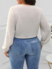 Calvaya 大码女式褶饰灯笼袖 T 恤 - 杏色 - 查看 2