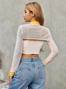 SHEIN EZwear Ladies' Sheer Mesh Contrast Yellow Top With Sleeve And Neckline Detail - Multicolor - View 2