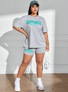 SHEIN EZwear Plus Size Letter Printed Short Sleeve T-Shirt And Shorts Set - Light Grey - View 3