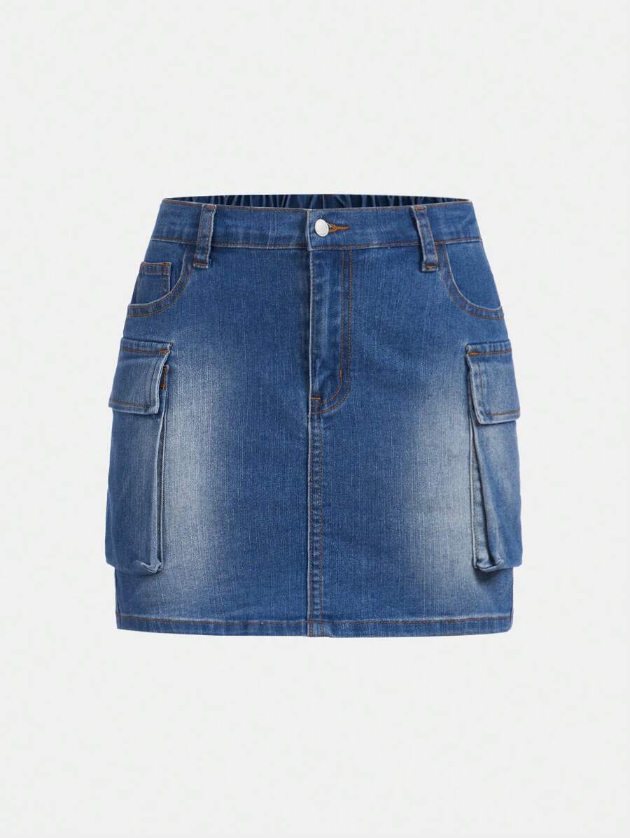 Teen Girls' High Waisted Denim Utility A-Line Skirt - Blue - View 1