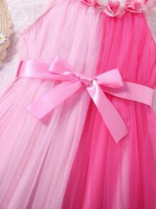 Sparklyn Tween Girls' Cute Patchwork 3d Decor Flower Halter Mesh Tutu Dress With Waist Belt For Spring/Summer