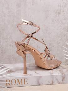 SHUZIA Sandálias De Salto Alto Com Borboleta Decorativa Fashion Feminina, Estilo Versátil - Rosa ouro - Visão 2