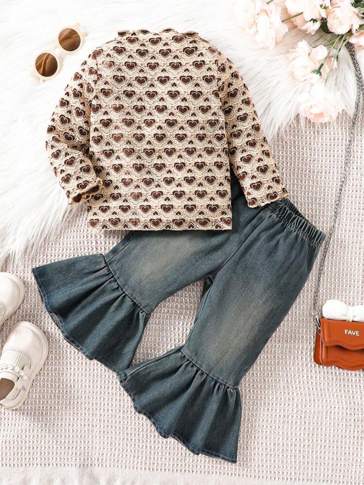 Baby Girls' Outfit Y2k Mallrat Style Elegant Cute Fashionable Heart Print Top And Flared Jeans
