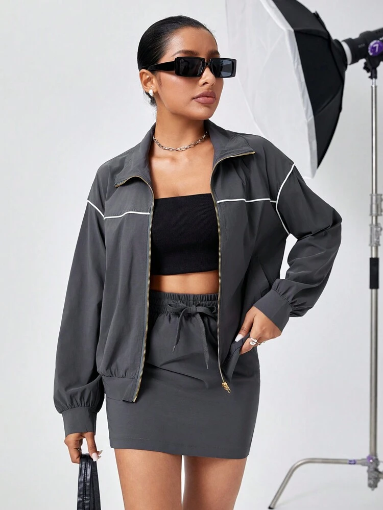 Ladies' Colorblock Edge Jacket And Skirt Set, Spring Break Outfits