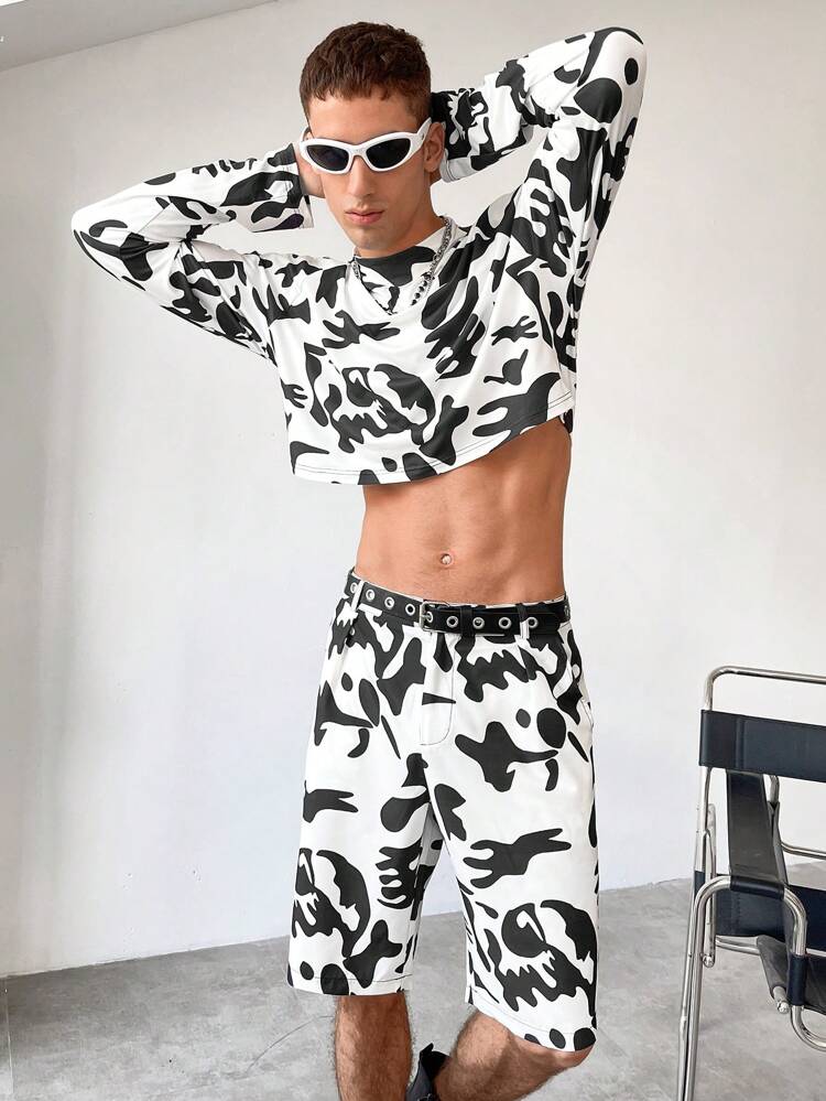 Men'S Printed Crop Top And Shorts Set Without Belt