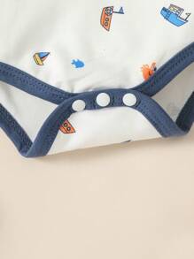 SHEIN 新生兒男寶寶簡約度假風禮物套裝,海洋帆船印花連身衣和長褲,可愛,寬鬆舒適,適合日常穿著,春夏季節 - 彩色 - 查看 5