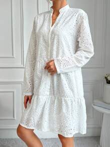 RueChic Solid Color Hollow Out Embroidered Notched Neckline Dress - White - View 4