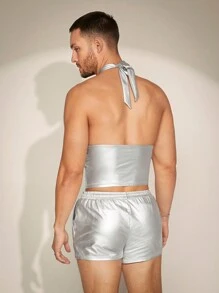 FeverCity Men's Cross-Criss Hollow Out Halter Top And Shorts Set