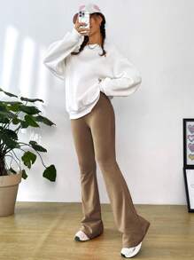 SHEIN EZwear 口號與花卉印花長袖運動衫和喇叭褲套裝 - 棕色 - 查看 6