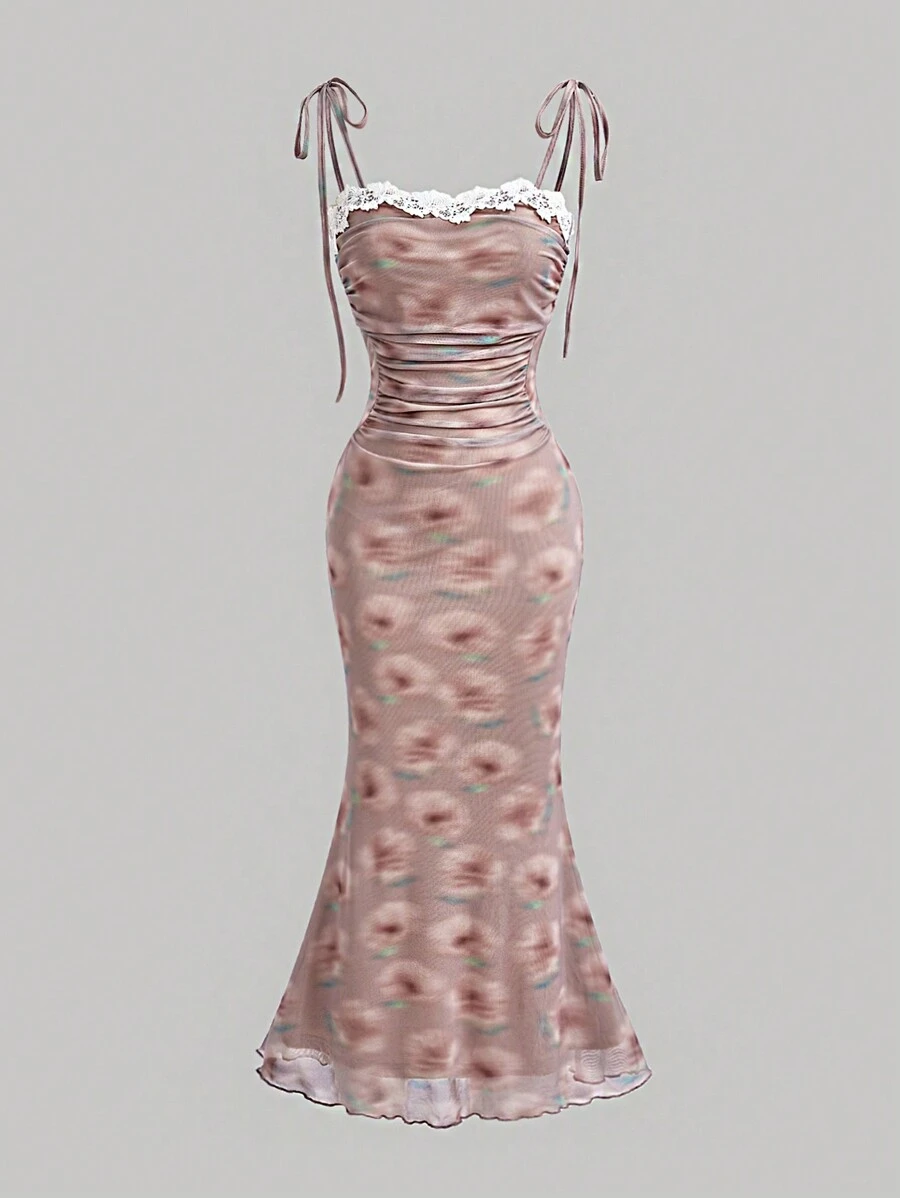 SHEIN MOD Của phụ nữ Hoa In Váy Dây - màu nâu - Xem 1