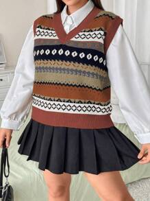SHEIN Qutie Kích thước lớn Của phụ nữ Họa tiết Hình học Áo len vest - Nhiều màu - Xem 7
