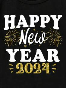SHEIN Young Boys' Casual New Year Slogan Printed Short Sleeve Round Neck T-Shirt Suitable For Summer - Black - View 3