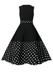 SHEIN Clasi Women's Polka Dot Printed Spliced Belted Dress - Multicolor - View 2