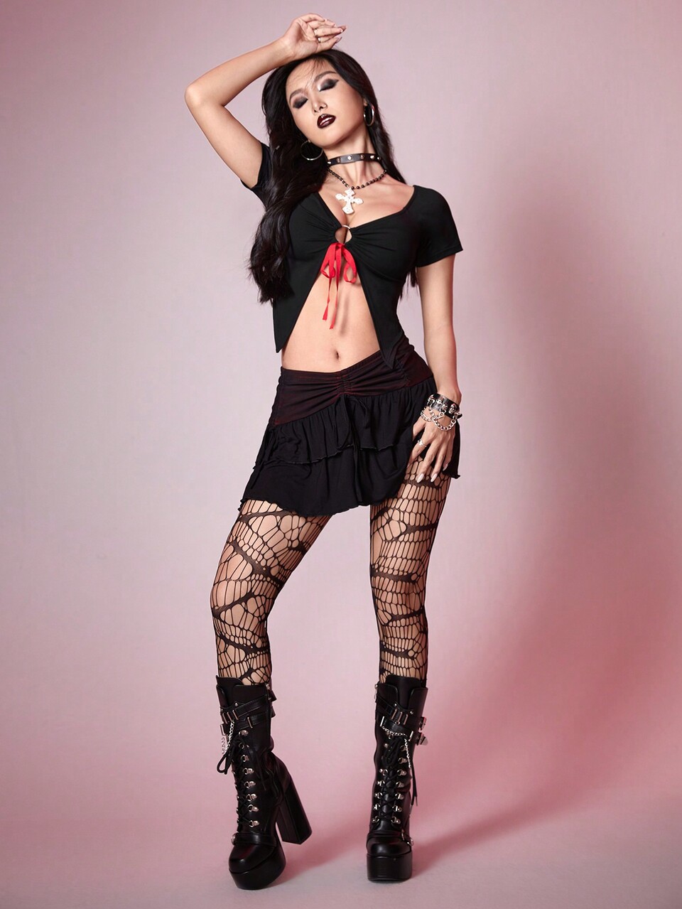 Punk Style Sexy Minimalist Sexy V-Neck T-Shirt With Metallic Ring Decor For Women