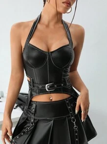 SHEIN ICON 女士修身款拼色聚氨酯背带上衣，下摆不对称，缝线清晰 - 黑與白 - 查看 1