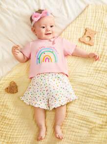 SHEIN Newborn Infant Baby Girls' Rainbow Letter Printed Short Sleeve Top And Polka Dot Shorts 2pcs Outfits - Multicolor - View 1