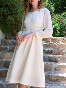 色塊長袖a字裙 - 杏色 - 查看 5