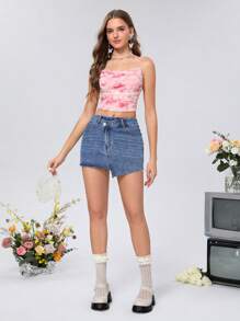 SHEIN MOD Frayed Hem Washed Denim Skirt - Light Wash - View 4