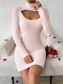 Chiquease Turtleneck Cut Out Front Sweater Dress - Pink - View 4