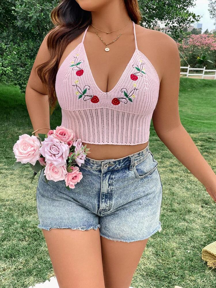 Plus Size Embroidery Detail Halter Knit Top
