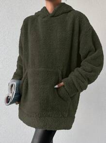 EURMUSE Kangaroo Pocket Teddy Hoodie - Dark Green - View 4